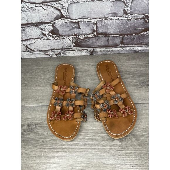 Laidback London Brown Leather Handmade Boho Floral Beaded Sandals Women 7US/38EU - Picture 3 of 16